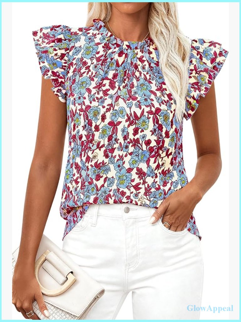 Ruffle Short Sleeve Loose Floral Tops Dressy Chiffon Boho Blouses Shirts